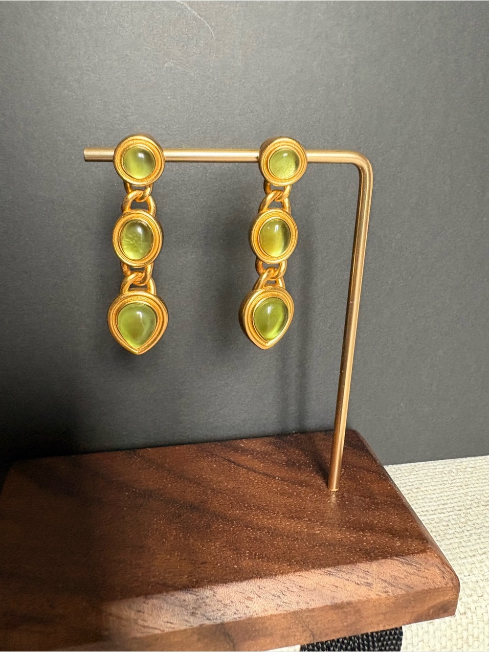 Julie Vos Gold Drop Earrings with Olive Green Cabochons
